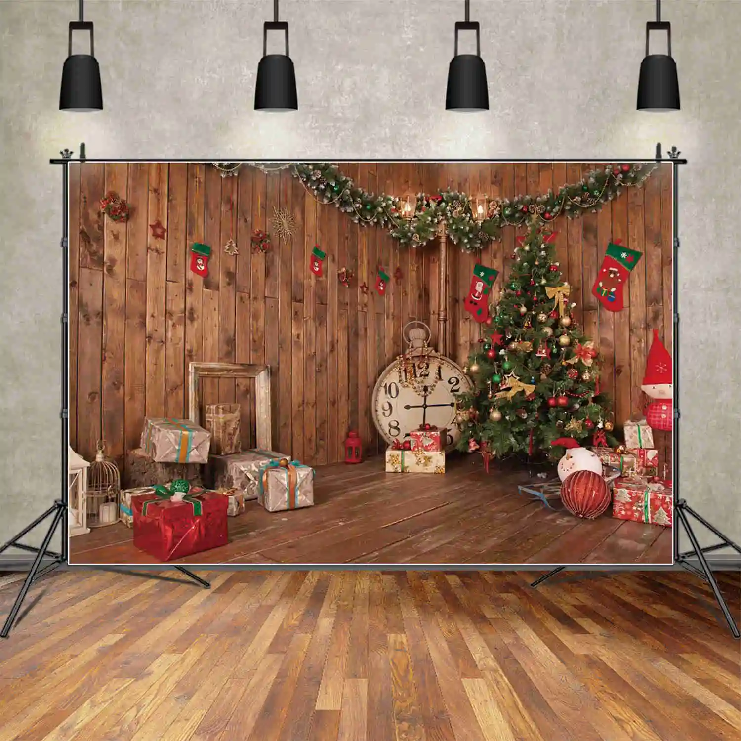 MOON.QG Merry Christmas Photography Background Gifts Wooden House Xmas Trees Photocall Backdrop Children Studio Photocall Props