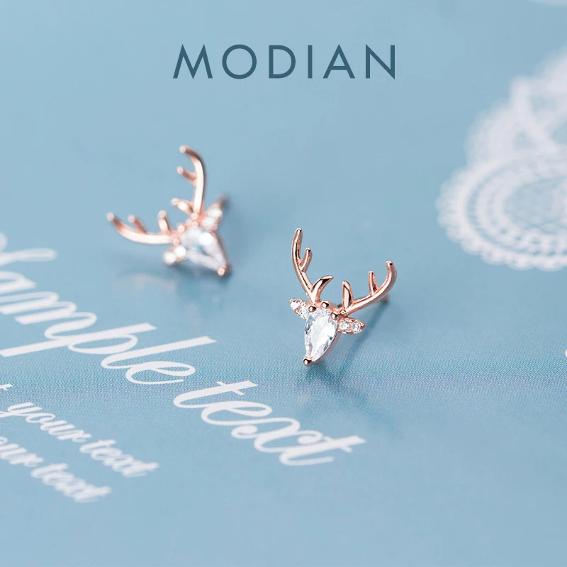 

Modian Bright Zircon Exquisite Lovely Animal Antlers Sterling Silver 925 Sud Earring for Women Elk Pattern Ear Pin Fine Jewelry