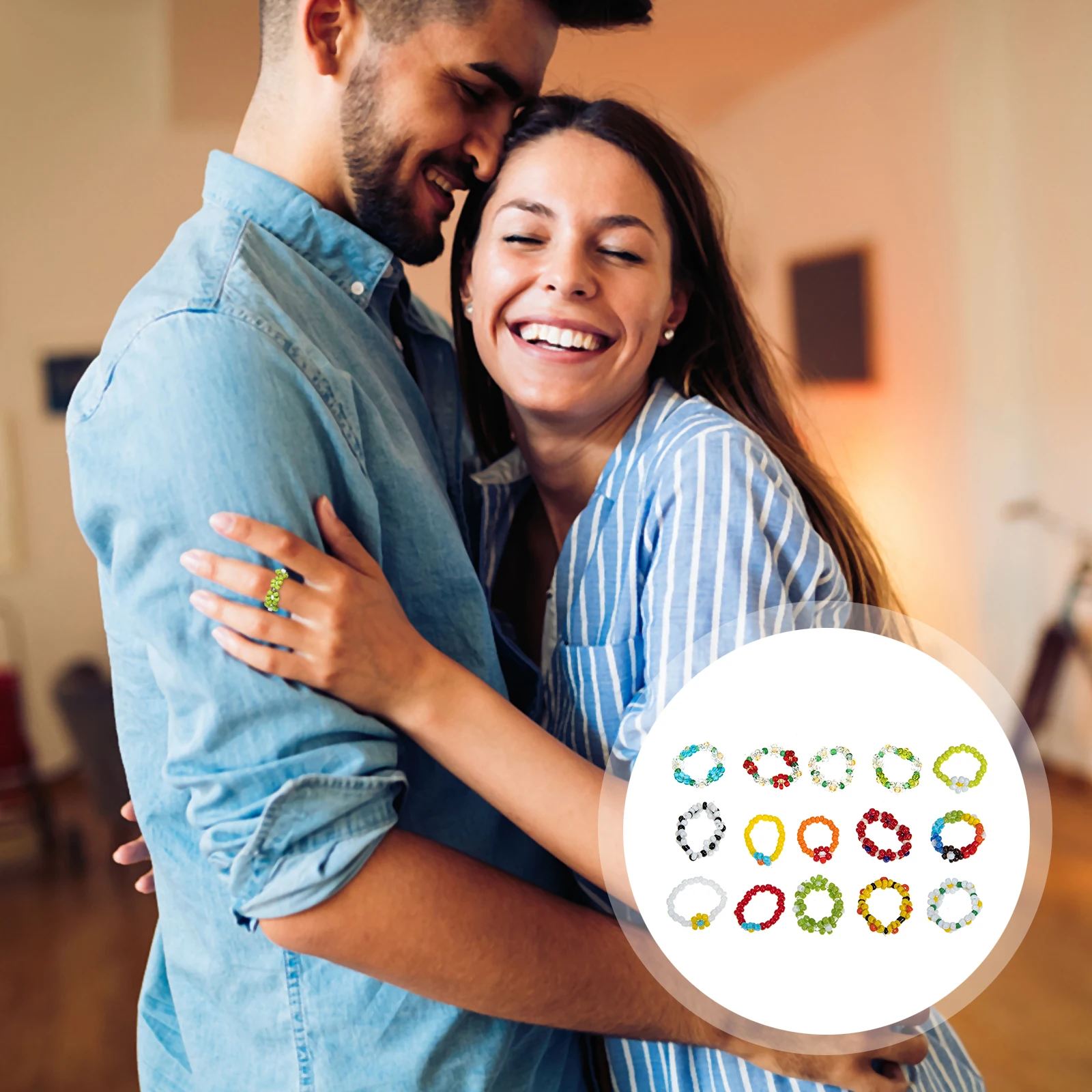 

15Pcs Flower Bead Rings Fashionable Beaded Rings for Parties Weddings Teens Women Finger Jewelry Finger Jewelry