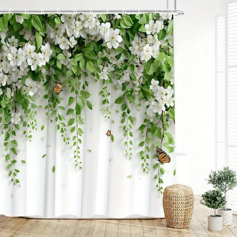 

Белый цветок лоза занавеска для душа зеленые листья бабочка искусство декор для ванной комнаты природа сад занавески для ванны для современного домашнего интерьера