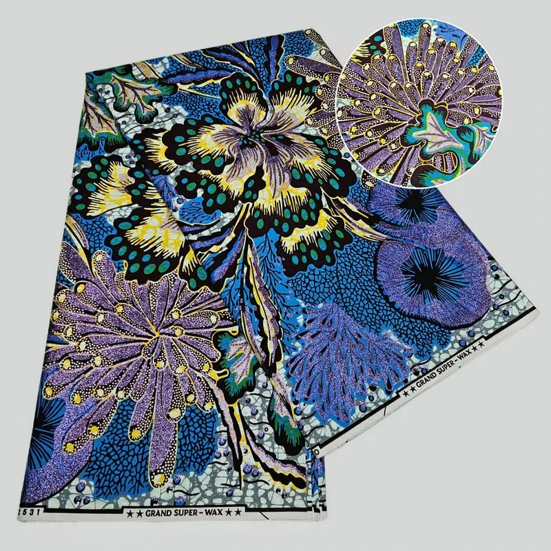 Super African 100% Cotton Wax Prints Fabric Grand Hollandais Wax Soft Fabric Golden Glitter 6 yards New Style Dress Fashion Bag