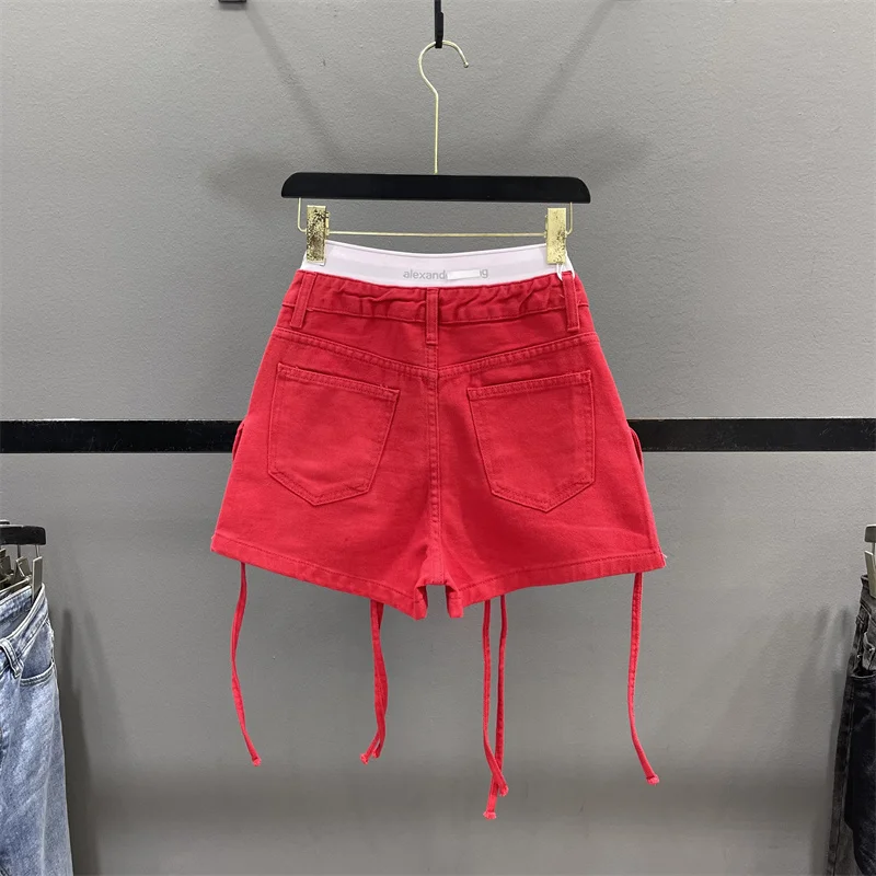 Red Cargo Shorts Patchwork Women High Waist Pockets Tassels Wide Leg Denim Shorts 2024 Summer New Fashion Streetwear Casual