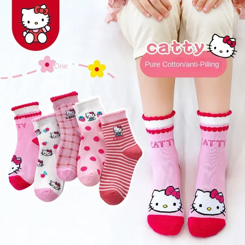 5 paia Sanrio Hello Kitty calzini per bambini calzini per ragazze in cotone Cute Children Baby Princess Sock Cartoon autunno inverno calza 3-12Y