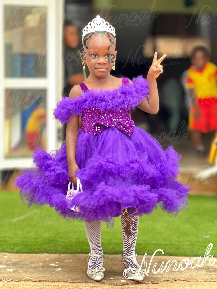 

Purple Flower Girl Dress For Wedding Sequins Layered Girl Birthday Party with Bow Knee Length First Communion Gown Customized