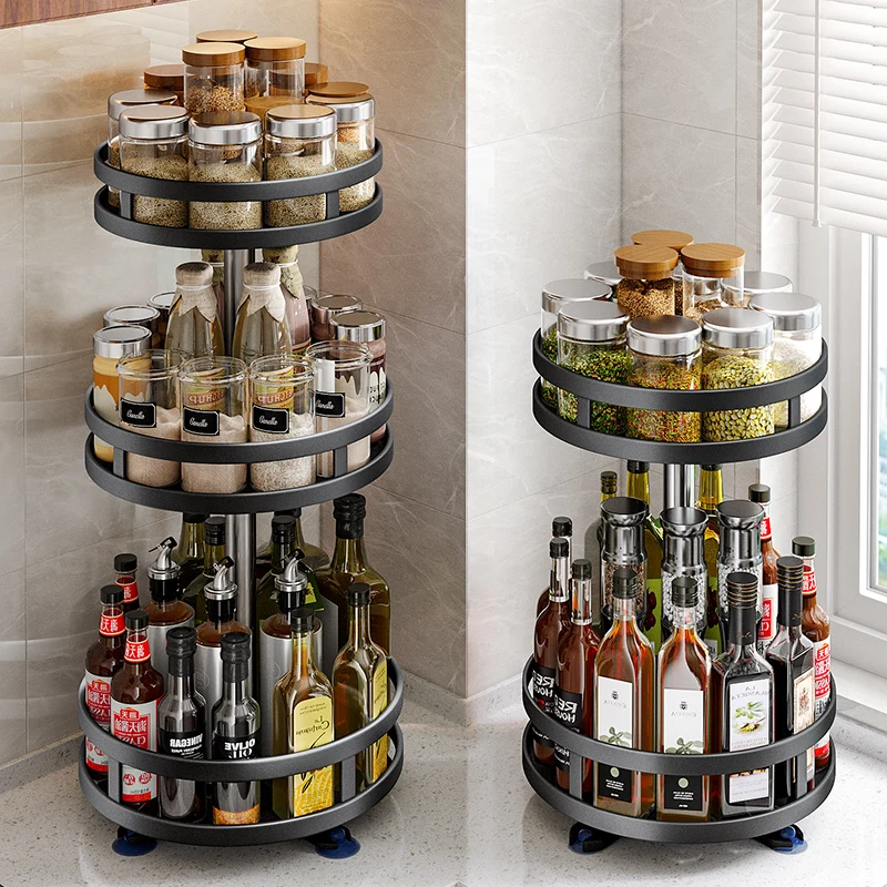 

360°Rotating Kitchen Organizer Wall-Mounted Spice Rack Suction Base Adjustable Layers Rust-Proof Railings No Drill Space-Saving