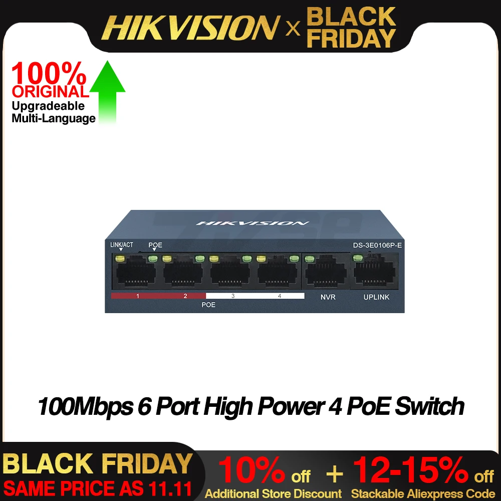 Hikvision POE Switch DS-3E0106P-E (4POE+2CH) 100Mbps Fast Ethernet Unmanaged RJ45 Port DC 48V for Security POE IP Camera NVR 