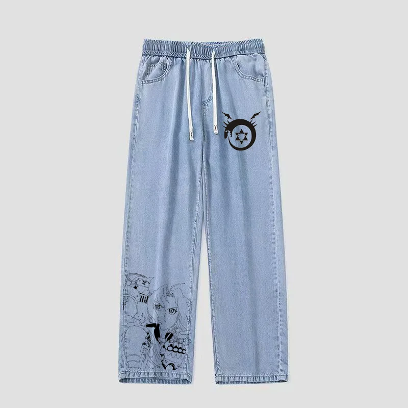 

Hand-Dn Anime Sketch Jeans Loose Fit mid Waist Denim Fabric Cartoon Sle Edward from Fullmetal Alcht Series Youth Jeans