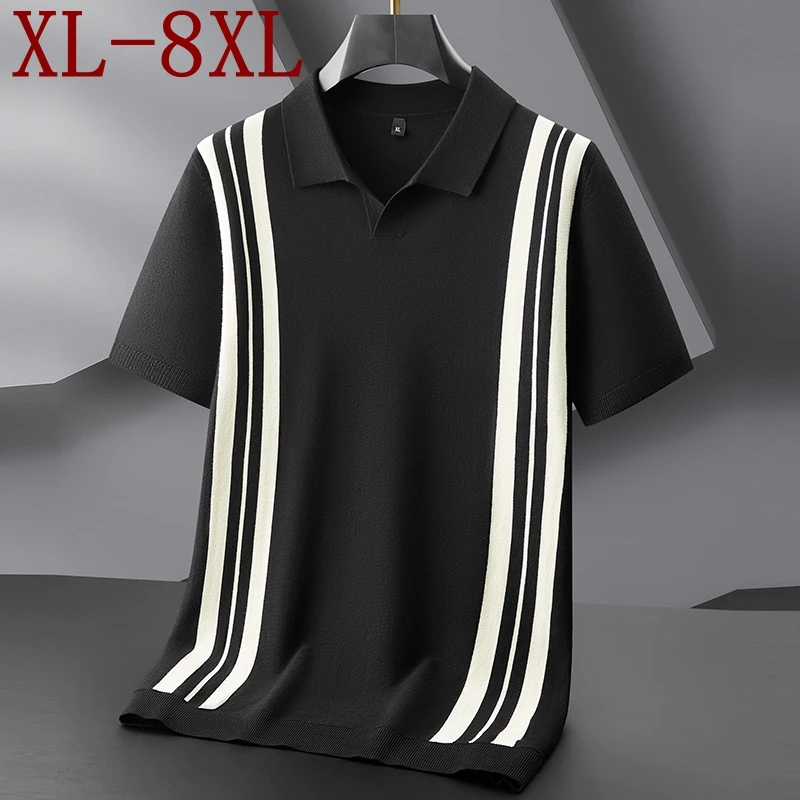 

8XL 7XL 6XL Новый осенний элитный роскошный тонкий шерстяной свитер Мужские джемперы с короткими рукавами и лацканами Модные полосатые пуловеры Homme 2025