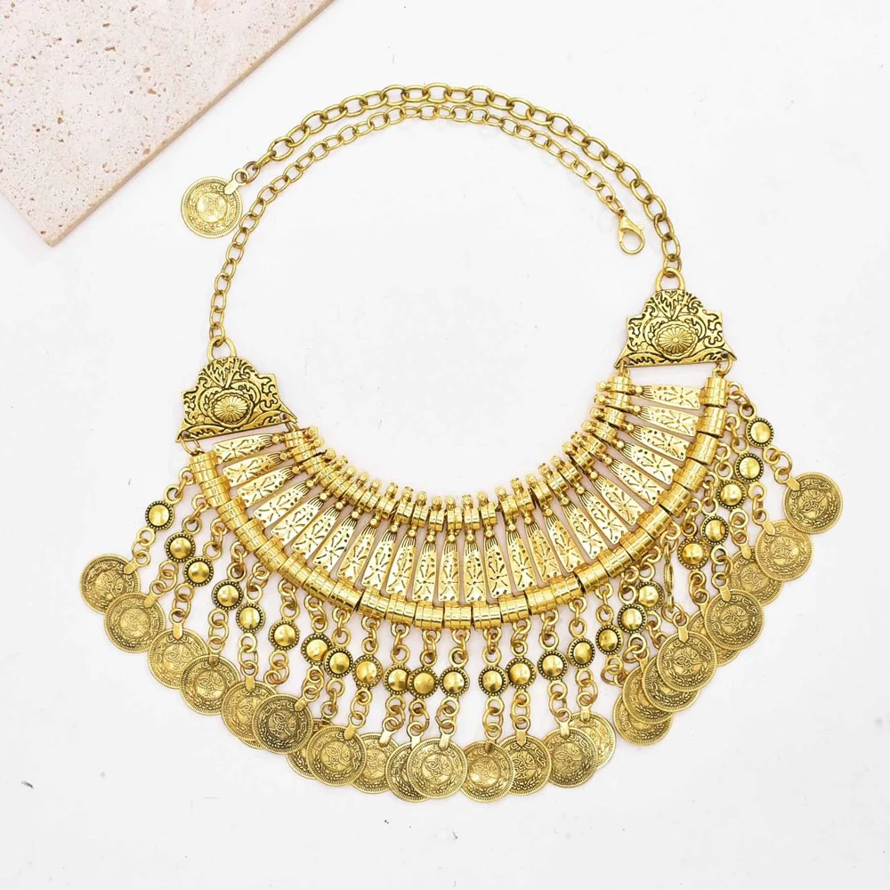 Traditionelle indische afghanische pakistanische ethnische Münzen Quaste Halsband Halskette Vintage goldene Legierung Münzen Kragen Damen Halsschmuck – Detail 16