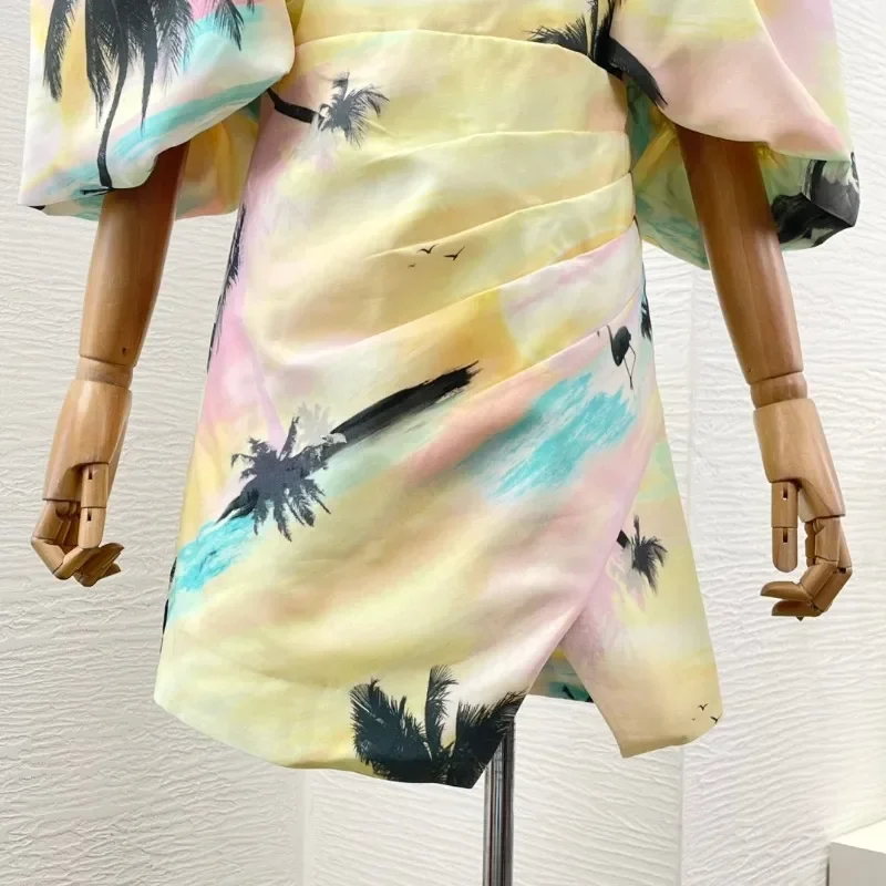 Mini vestidos amarillos de manga corta con estampado de puesta de sol y hombros descubiertos para vacaciones de alta calidad 2025