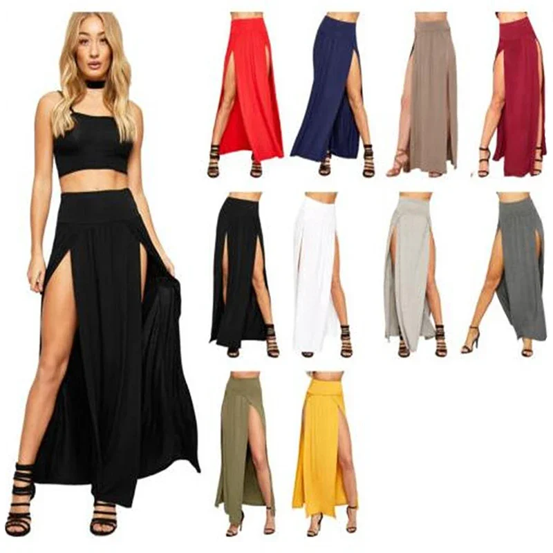 

New Arrival High Waisted Sexy Womens Double Slits Summer Solid Long Maxi Skirt Wholesale 51 Valentine's Day Gifts