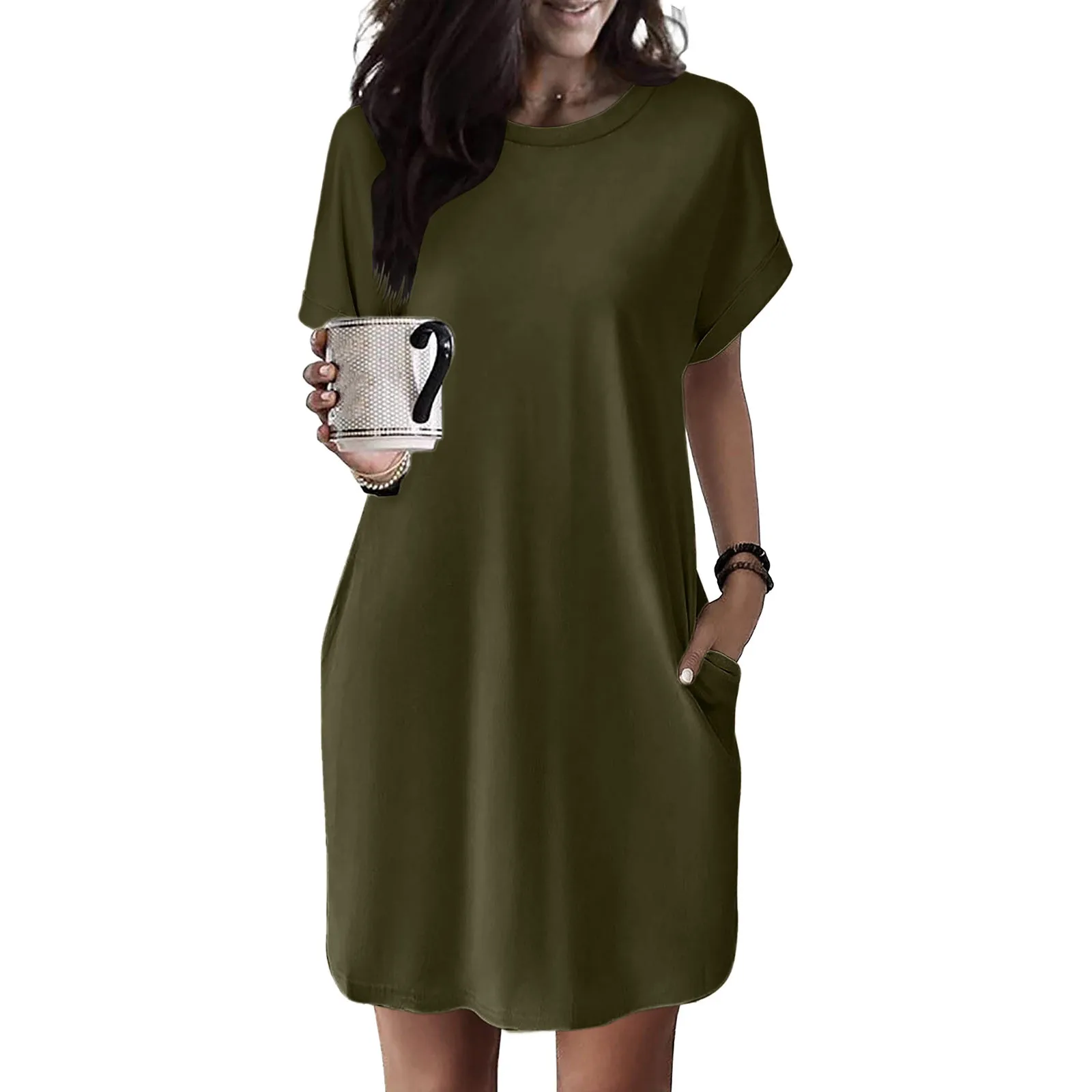 

Women Casual Shirt Dress Solid Color Round Neck Short Sleeve Mini Dresses Elegant Ladies Costume Holiday Loose Sundress Dress