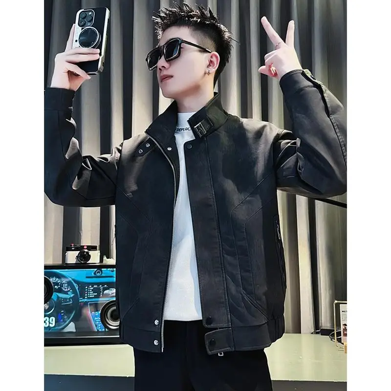 

Original Net Image Quali PU957 Brown Bla Loose Fit Zipper Decorated Polyester Jaet for Men Youth ular Casual Outerwear