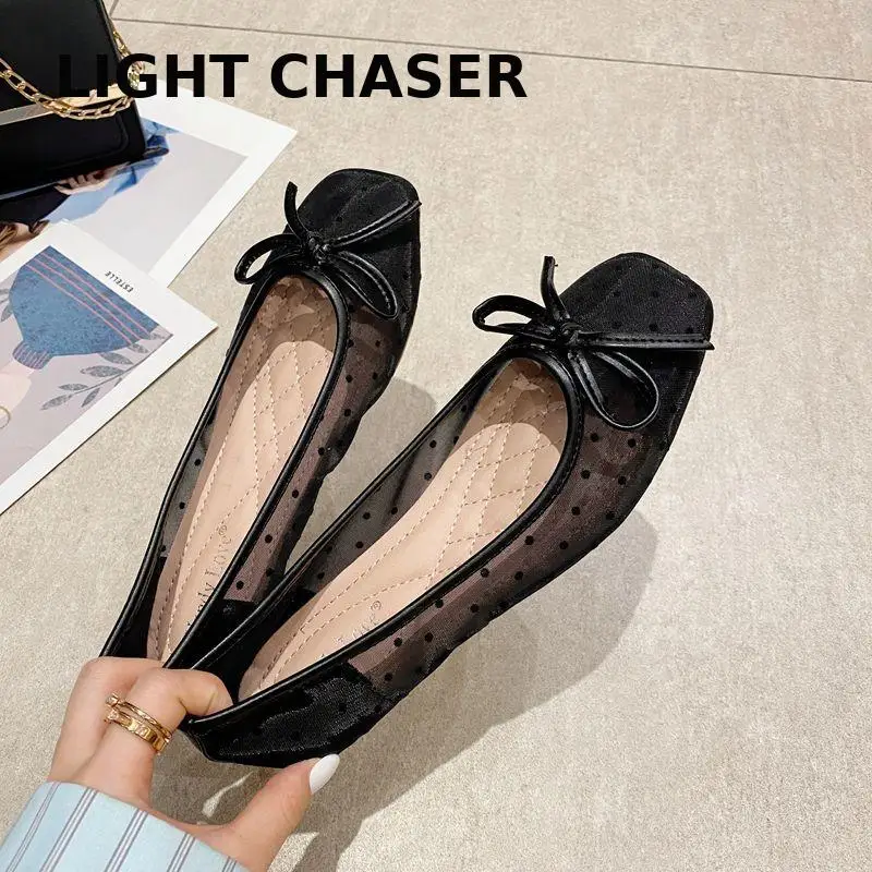 Square Toe Flat Shoes Women's Casual Loafers 2022 Spring And Summer New Polka Dot Breathable Mesh Bow Shallow Soft Sole Shoes
