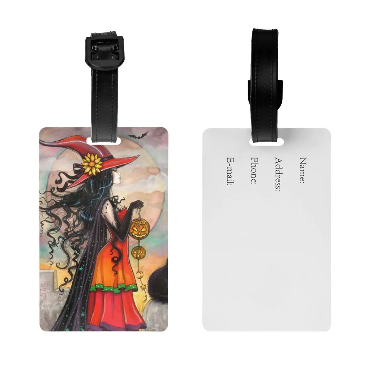 Halloween Witch And Black Cat Fantasy Art Luggage Tags for Suitcases Cute Occult Gothic Wiccan Baggage Tags Cover ID Label