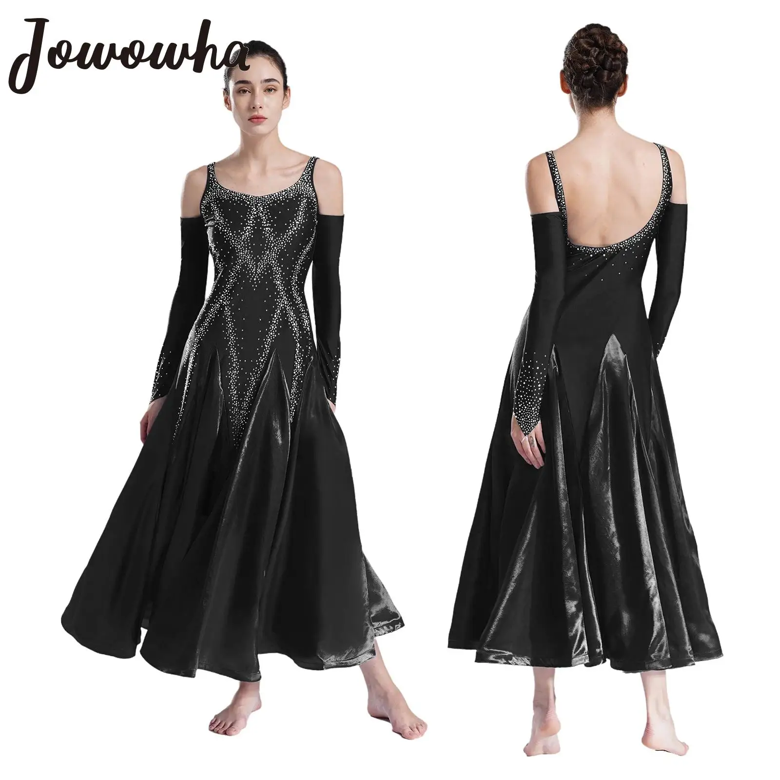 Womens Ballroom Lyrical Dance Dress Rhinestones Cold Shoulder Wide Hemline Flared Dress Modern Waltz Stage Performance Costume