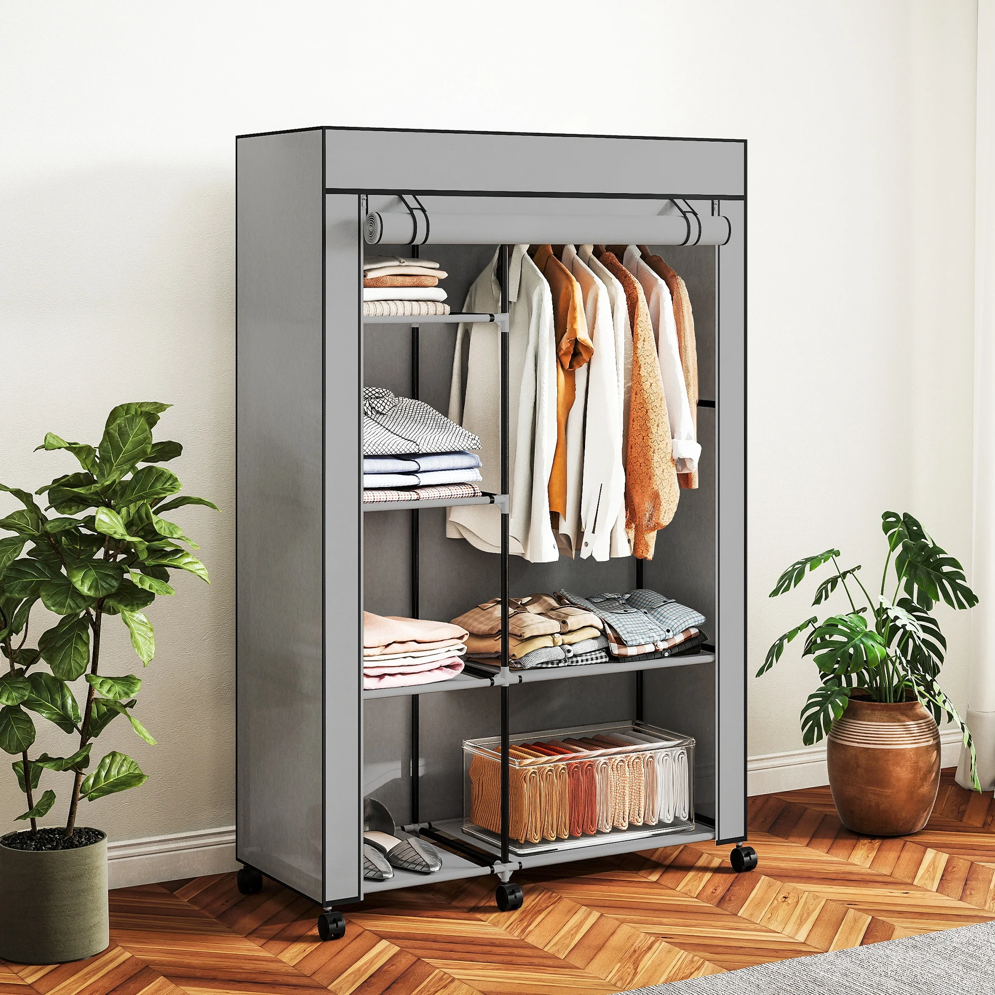 Armoire penderie en tissu, meuble de rangement avec 6 roulettes, tringle à vêtements et étagères ouvertes, 103x43x162,5cm, gris