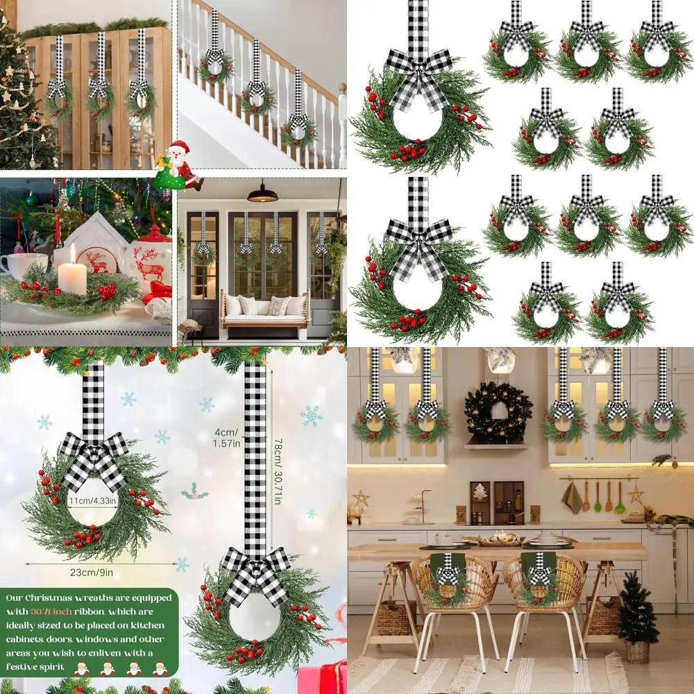 

Set of 12 9-Inch Mini Christmas Wreaths with Black White Buffalo Plaid Bows for Home Decor