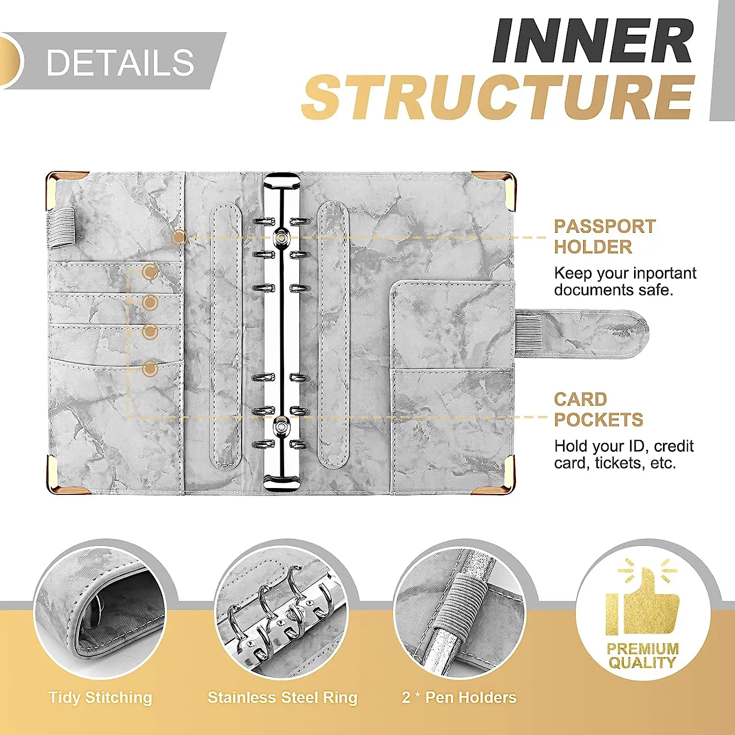 Imagem -02 - Couro Marble Notebook Binder Planejador de Orçamento Organizador de Dinheiro Poupança de Dinheiro Envelope de Zíper Bolsos Adesivos a6 pu