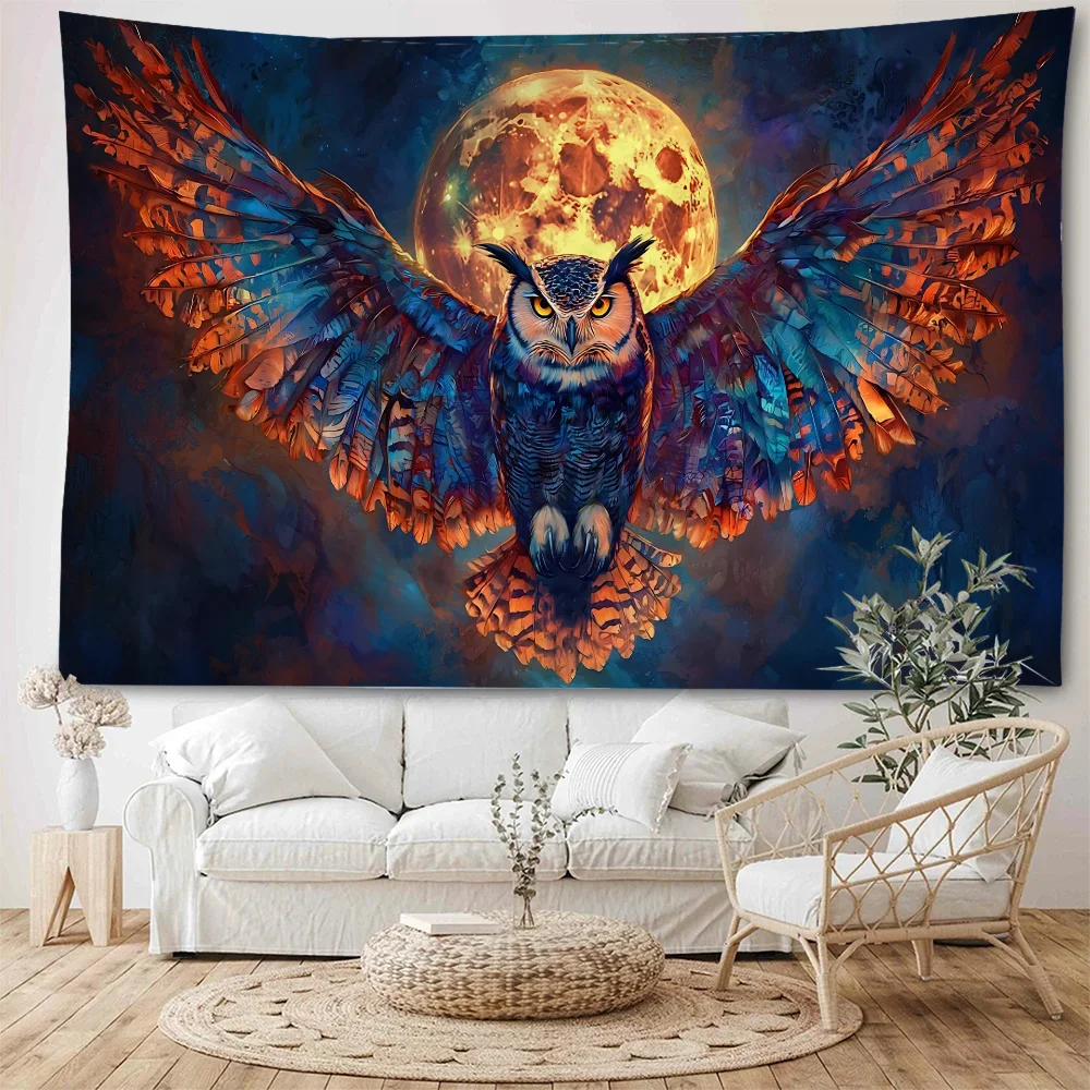 Forest owl spreads its wings and flies. Owls on forest branches. Fantasy owl background decoration tapestry