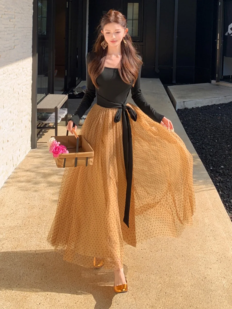 

Сексуальная длинная юбка-свек с высокой талией, винтажная цветная блузка с поясом и узлом, женская длинная юбка Faion Ci Commute X-ape D...