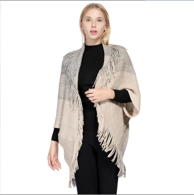 Europe Spring Autumn Women's Imitation Cashmere Colored Silk Shawl New Warm Tassel Cloak Lady Fashion Cardigan Coat Beige