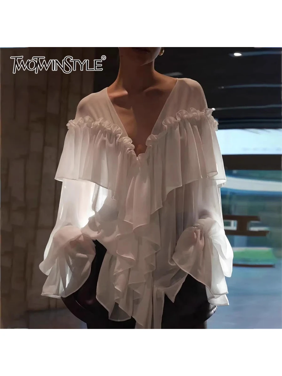 

TWOTWINSTYLE Solid Loose Spliced Ruffles Folds Elegant Blouses for Women V Neck Long Sleeves Sheer Fashion Blouse Female Clothes
