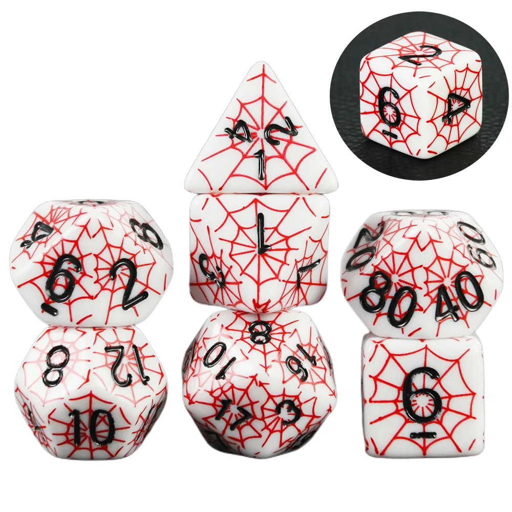 7pcs Polyhedral Dice Set D4-D20 and With Printing Spider Web Design -Perfect for RPG Board Games and DND Accesories