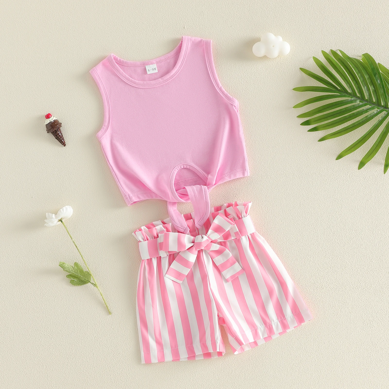 

Летняя одежда Tregren для маленьких девочек, повседневные однотонные топы без рукавов с круглым вырезом и полосатые шорты с поясом