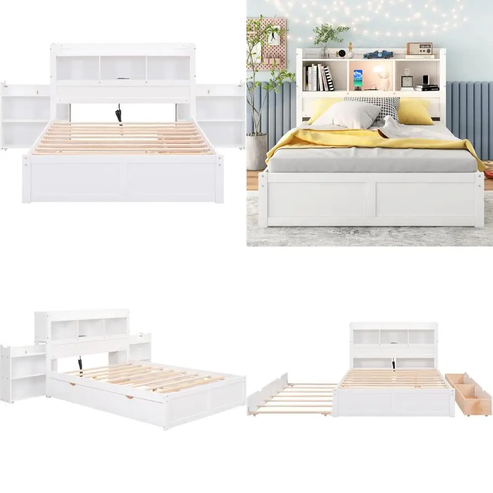 

Двуспальная деревянная кровать с выдвижным спальным местом, книжным шкафом и зарядной станцией - бесшумная, белая, для подростков и взрослых