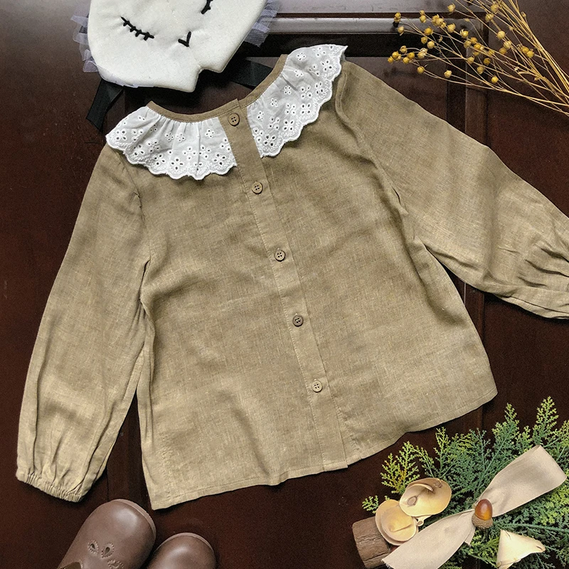 Retro Splicing Lace Doll Collar Girls Linen Shirt 2024 Autumn New Solid Color Long-Sleeved Buttons Cardigan Children\'s Shirts