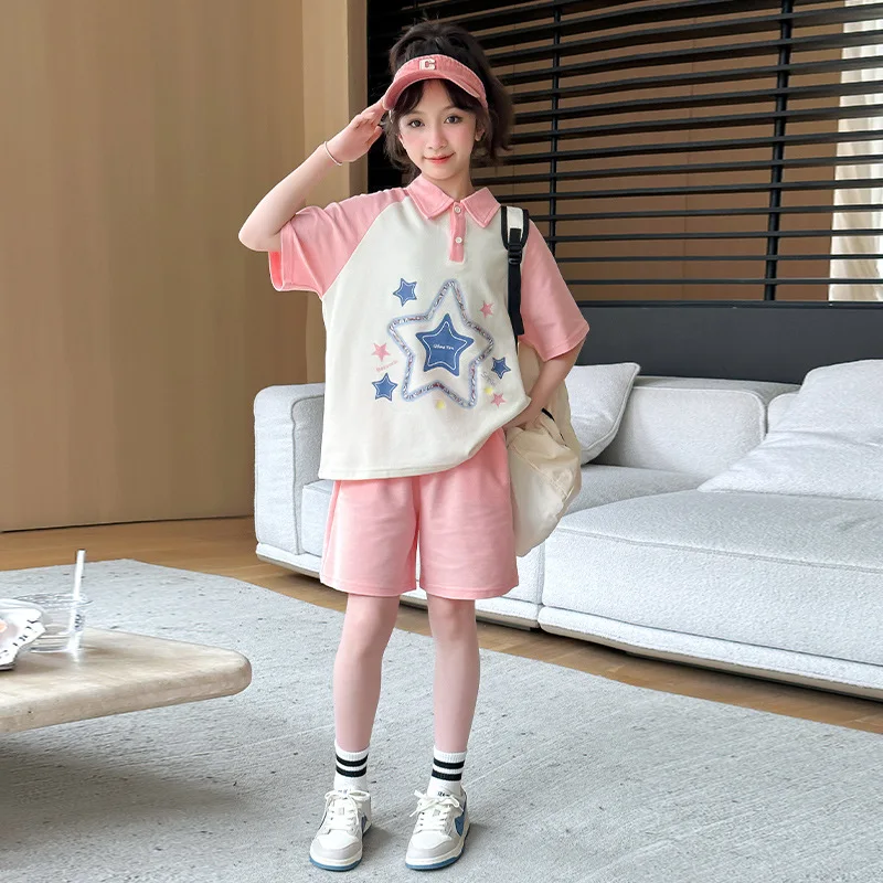 Summer Girls Cotton Patchwork Pentagram Preppy T-Shirt Tops+Shorts Pant Sets School Kids 2PCS Tracksuit Children Outfits 7-16 Yr