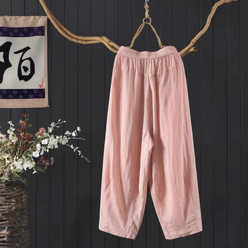 100% Ramee Vrouwen Casual Harembroek Nieuwe Collectie 2025 Zomer Vintage Stijl Effen Kleur Losse Vrouwelijke Enkellange Broek M1735