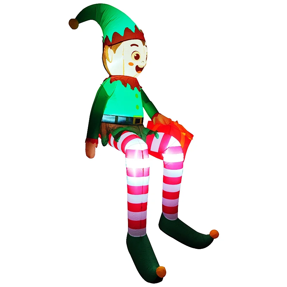 8FT Christmas Inflatable Trim Sitting Elf with Gift Bag Xmas Trim Built-in LED Light For Party Garden Yard Outdoor Xmas Decor - view 5
