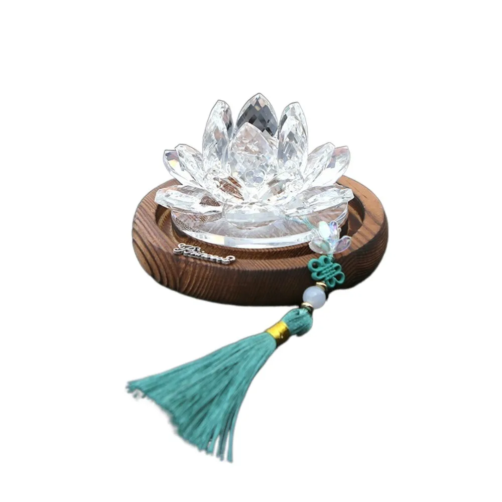 

Good Luck Lotus Crystal Car Ornament Chinese Style Realistic Car Center Console Ornament with Tassels Wooden Base