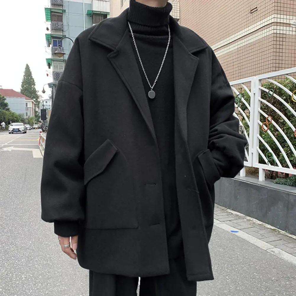 Men Woolen Coat Lapel Long Sleeve Single Breasted Windbreaker Solid Color Loose Fit Mid-length Coat with Pockets Formal Wear