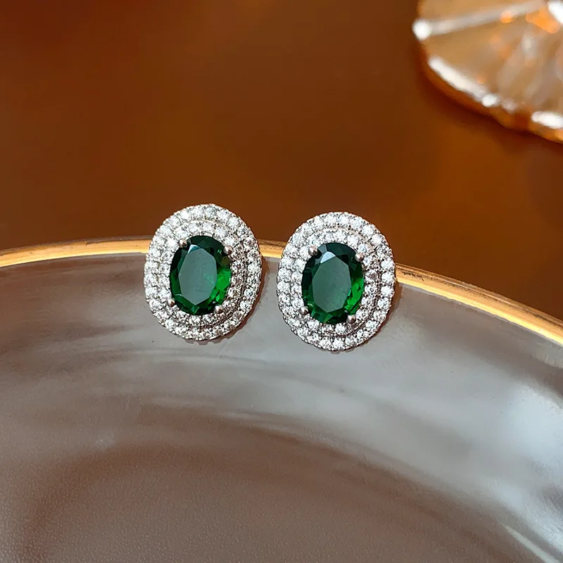 Emerald  Flash Zircon Stud Earrings for Women Unique Light Luxury Multi-layer Oval Earring Personalty Elegant Jewelry Holiday H
