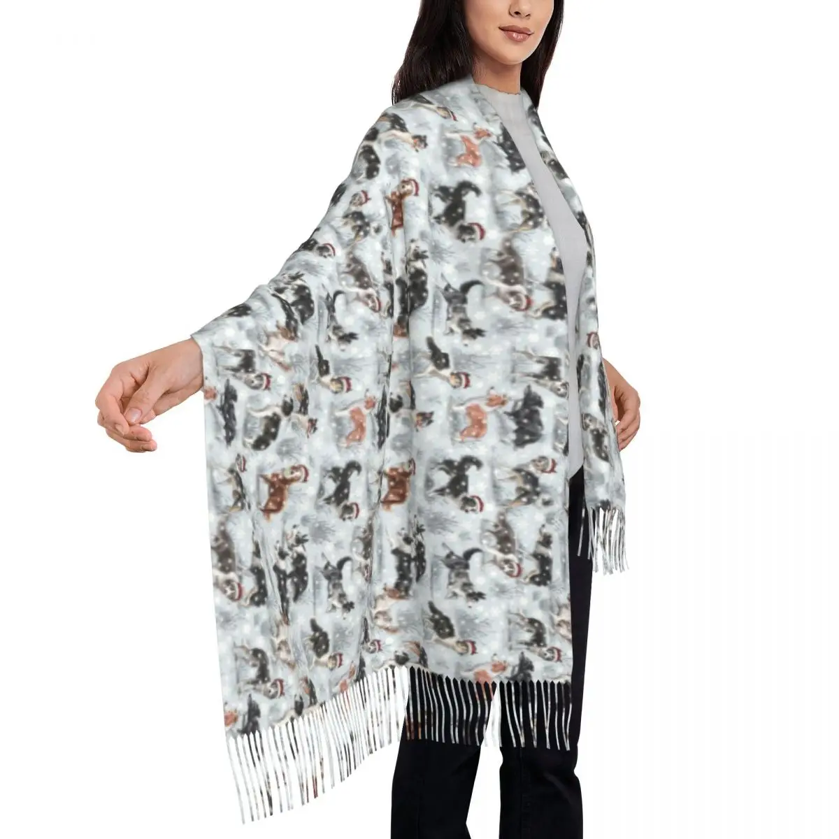 Ladies Long Cute Christmas Border Collie Dog Scarves Women Winter Thick Warm Tassel Shawl Wrap Pet Animal Scarf