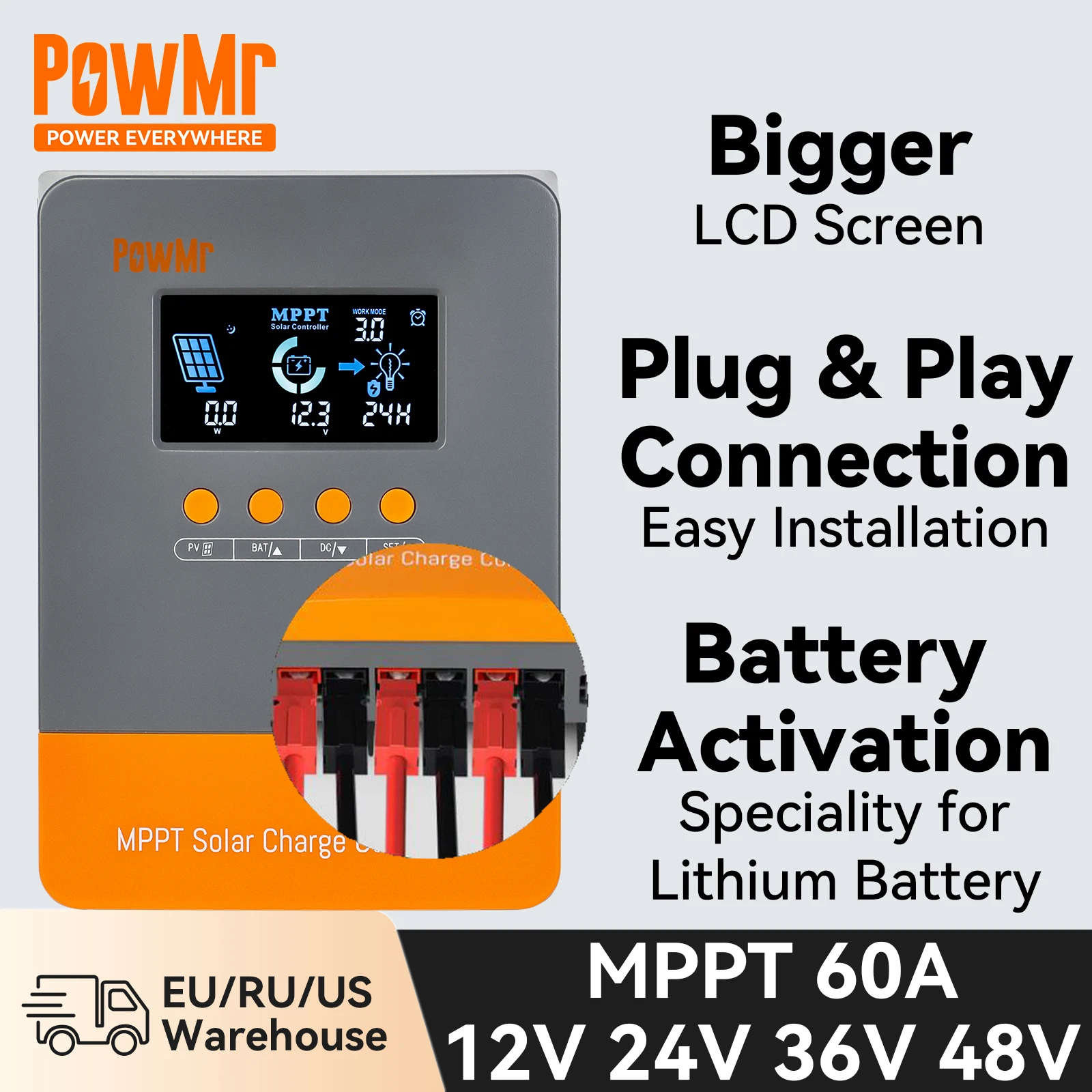 controlador de carga solar powmr mppt terminais plug and play sistema de operacao silenciosa 12v 24v 36v 48v 60a 01