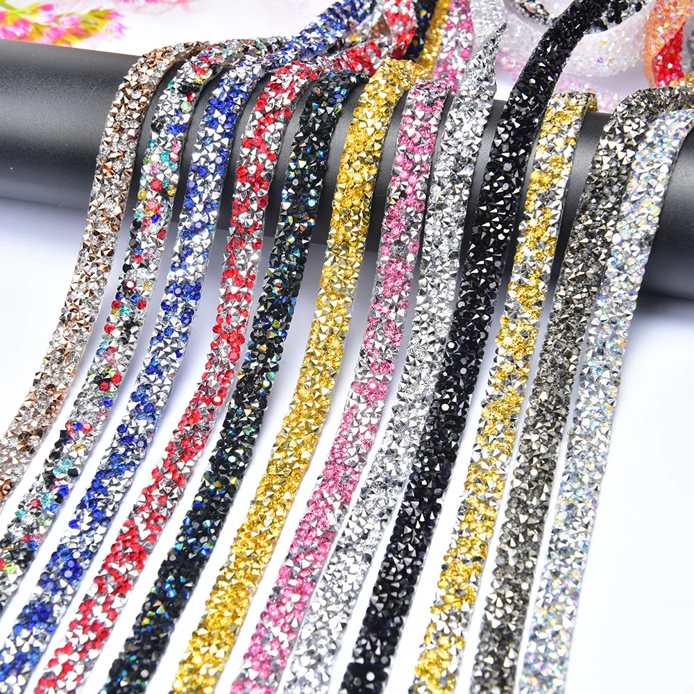 5 Yards 1cm Glitter Hot Fix Rhinestone Trim Resin Crystal Tape Chain DIY Clothes Belt Decoration Iron on Applique Accessories