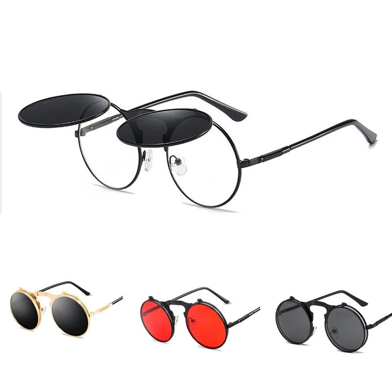 Retro Flip Round Sunglasses Men Women Metal Steampunk Style Sun Glasses for Male Female Double Circular Clear Lens Eyeglasses