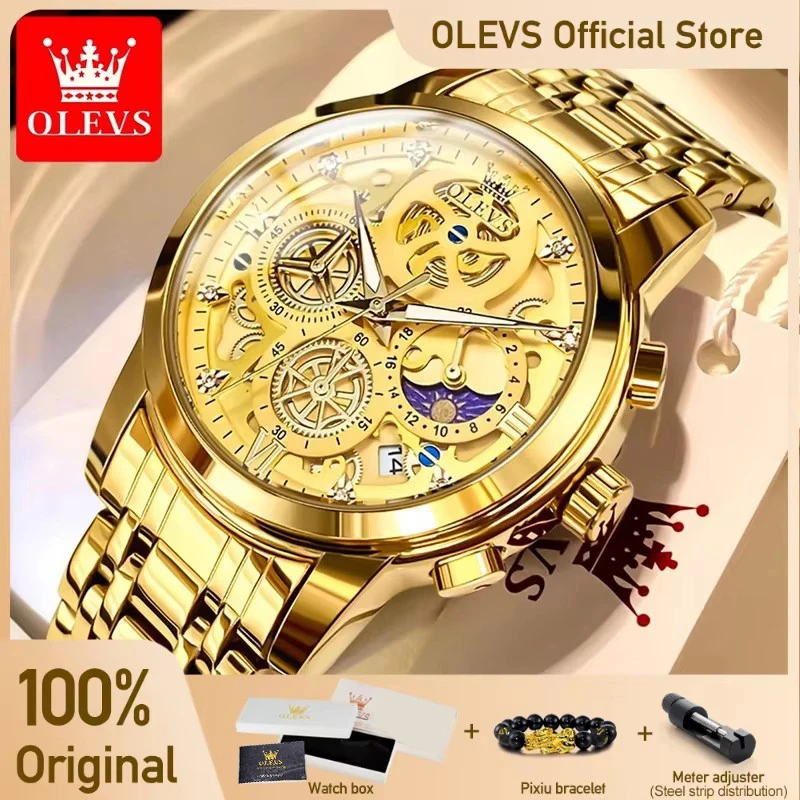 Relojes OLEVS para hombre, marca superior, reloj de cuarzo Original resistente al agua de lujo para hombre, estilo esqueleto dorado, 24 horas de día y noche, nuevo