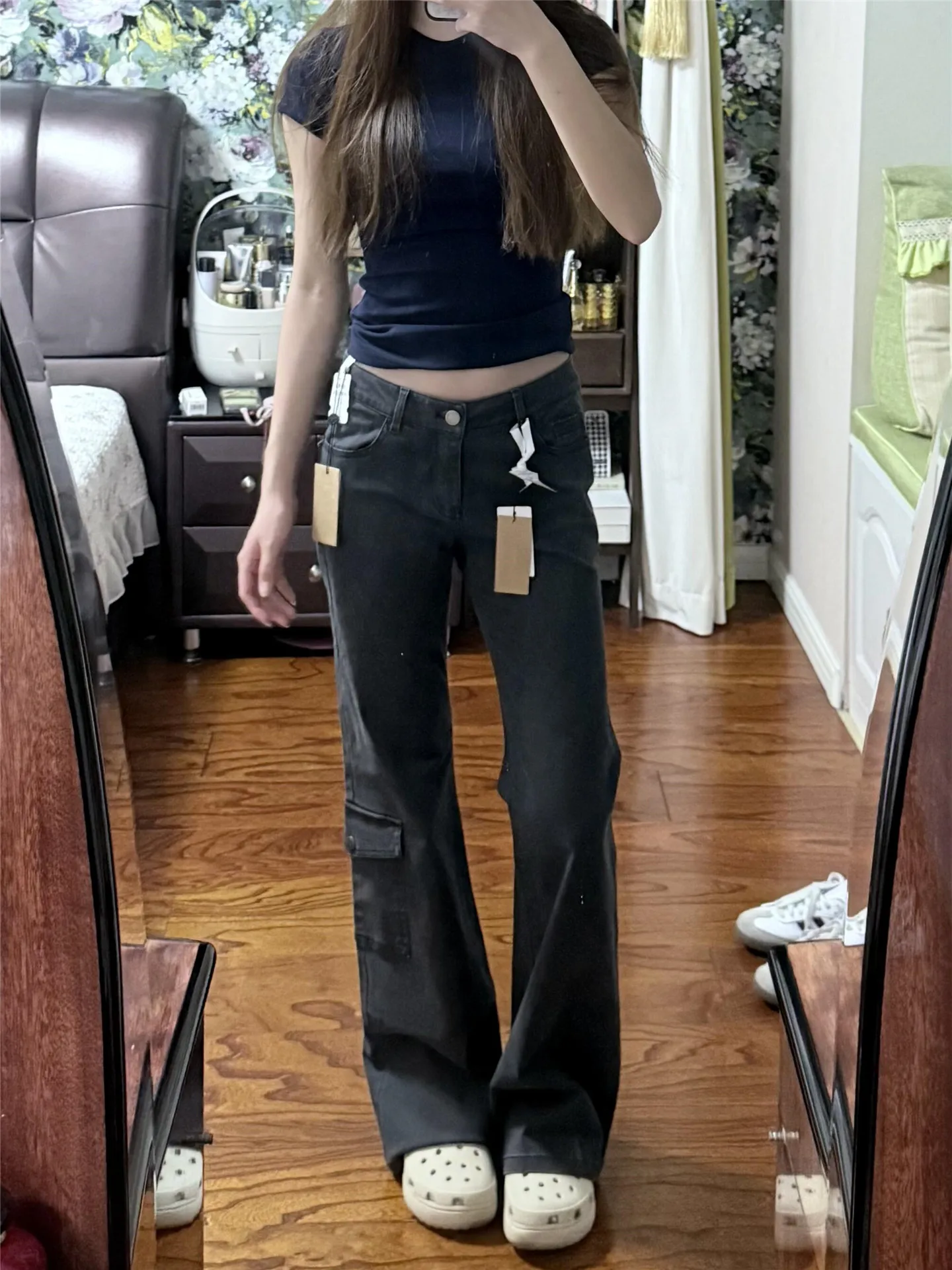 

Tall Women's Vintage Low Waist Bell Bottom Workwear Jeans Spring Slimming Multi Pocket Floor Length Cotton Casual Trousers