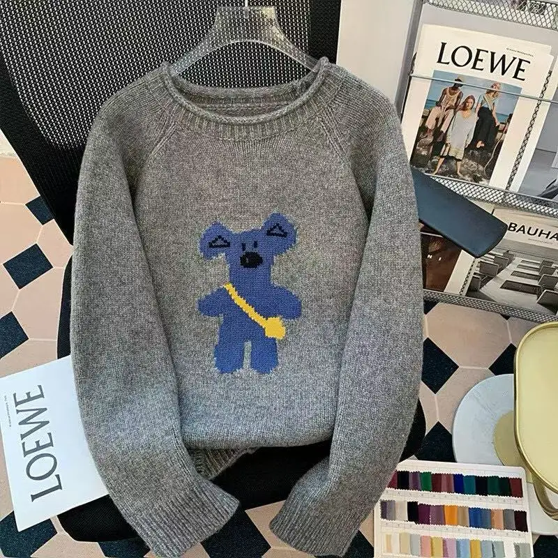 Women's 100% Merino Wool O Neck Sweater Pullover Cute Bear Jacquard Motif Rolled Neckline Warm Youthful For City Sightseeing