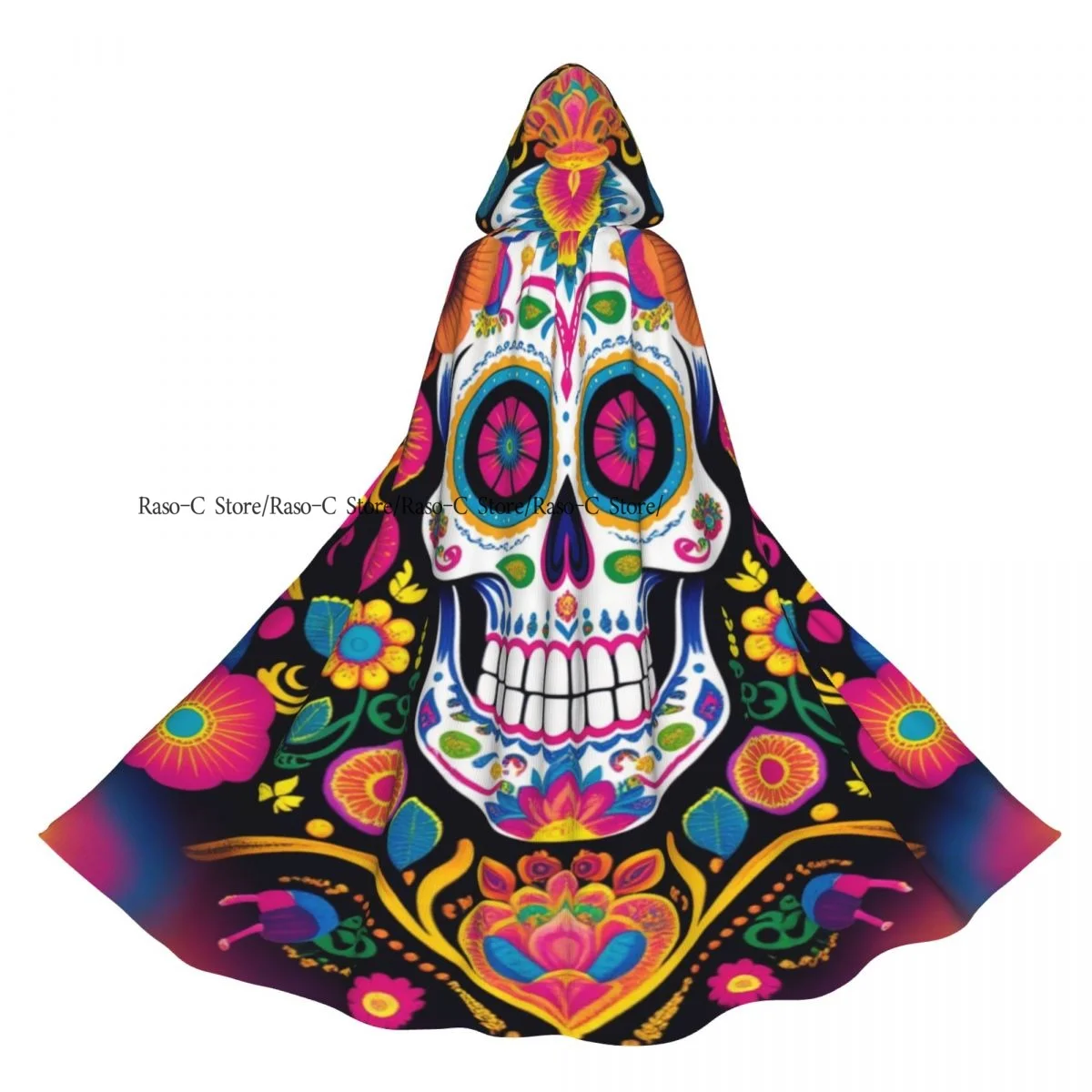 عباءة يوم الموتى على شكل جمجمة السكر المكسيكية للبالغين من الجنسين مع غطاء رأس طويل للساحرة #5