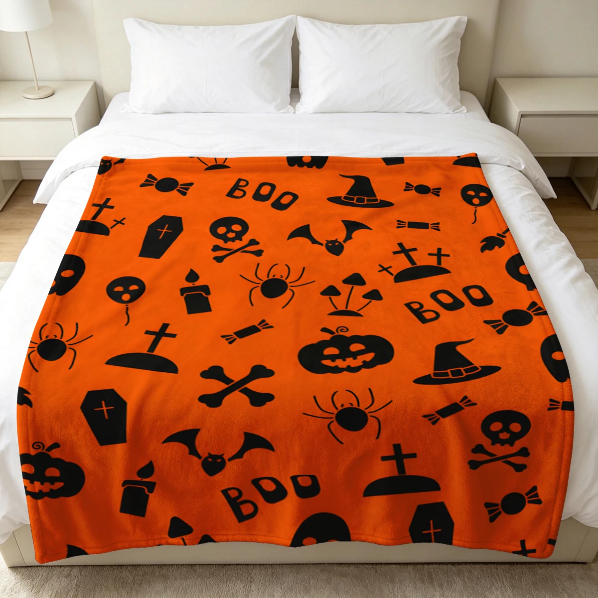 Orange Skull Tombstone Flannel Blanket Warm Soft Halloween Christmas Decorative Couch Warm Cozy All-Season Gift