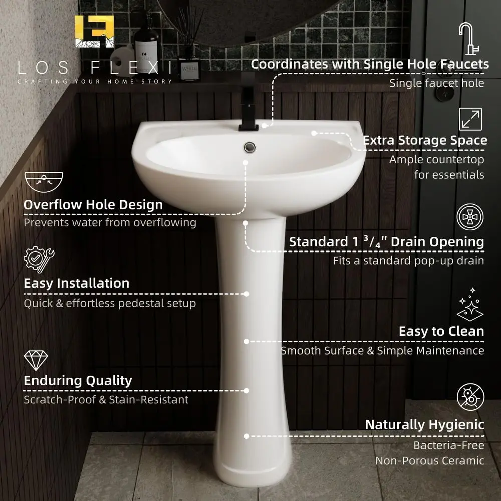 20W x 17D White Modern Pedestal Sinks for Small Bathrooms, 20 Inch Sink Combo, Bathroom Sink with Overflow & 1 Faucet Hole, Free