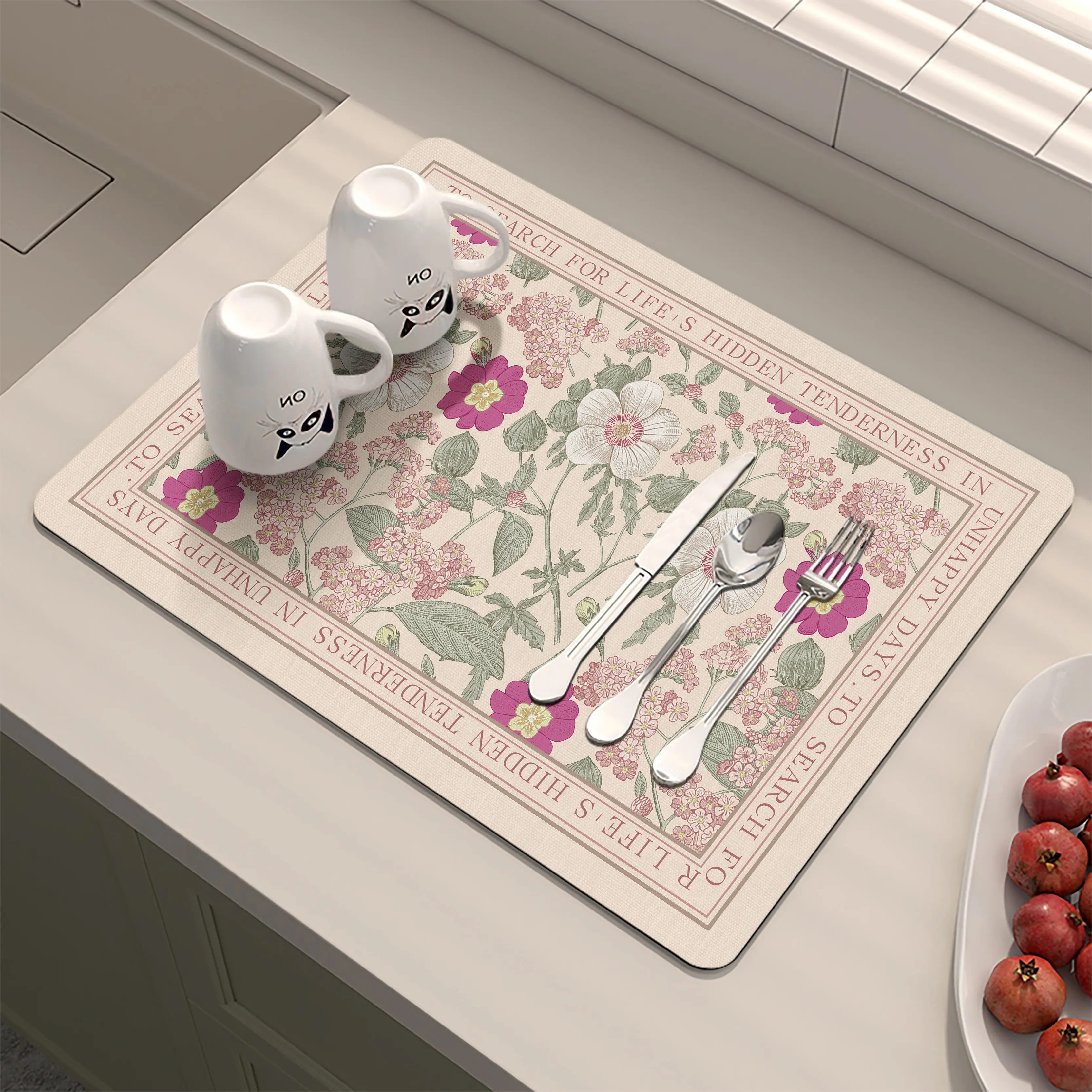 VIKAMA Vintage Pink Floral Drying Mat Text Border Print Non Slip Absorbent Pad For Kitchen Sink Coffee Counter Tableware Rug