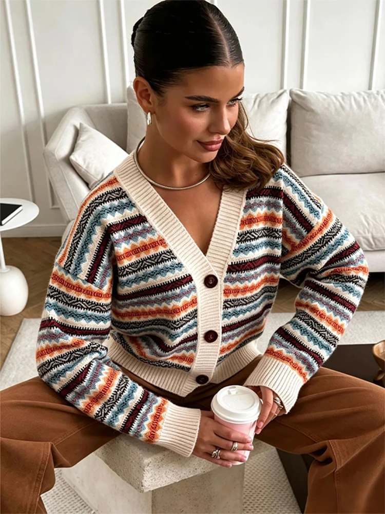 Gestrickter Gerippter V-Ausschnitt Jacquard-Cardigan für Damen, Eleganter Langarm-Cardigan mit Einzelknopfleiste, Paneelen und Loser Passform, Schicke Damen-Streetwear – Detail 3