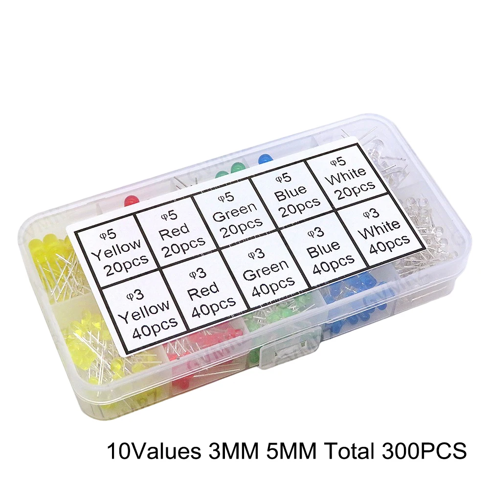 3MM 5MM Light Emitting Diodes Electronics Kit F3 F5 LED Diode Assorted Kit White Green Red Blue Yellow Orange Luminous LED Red